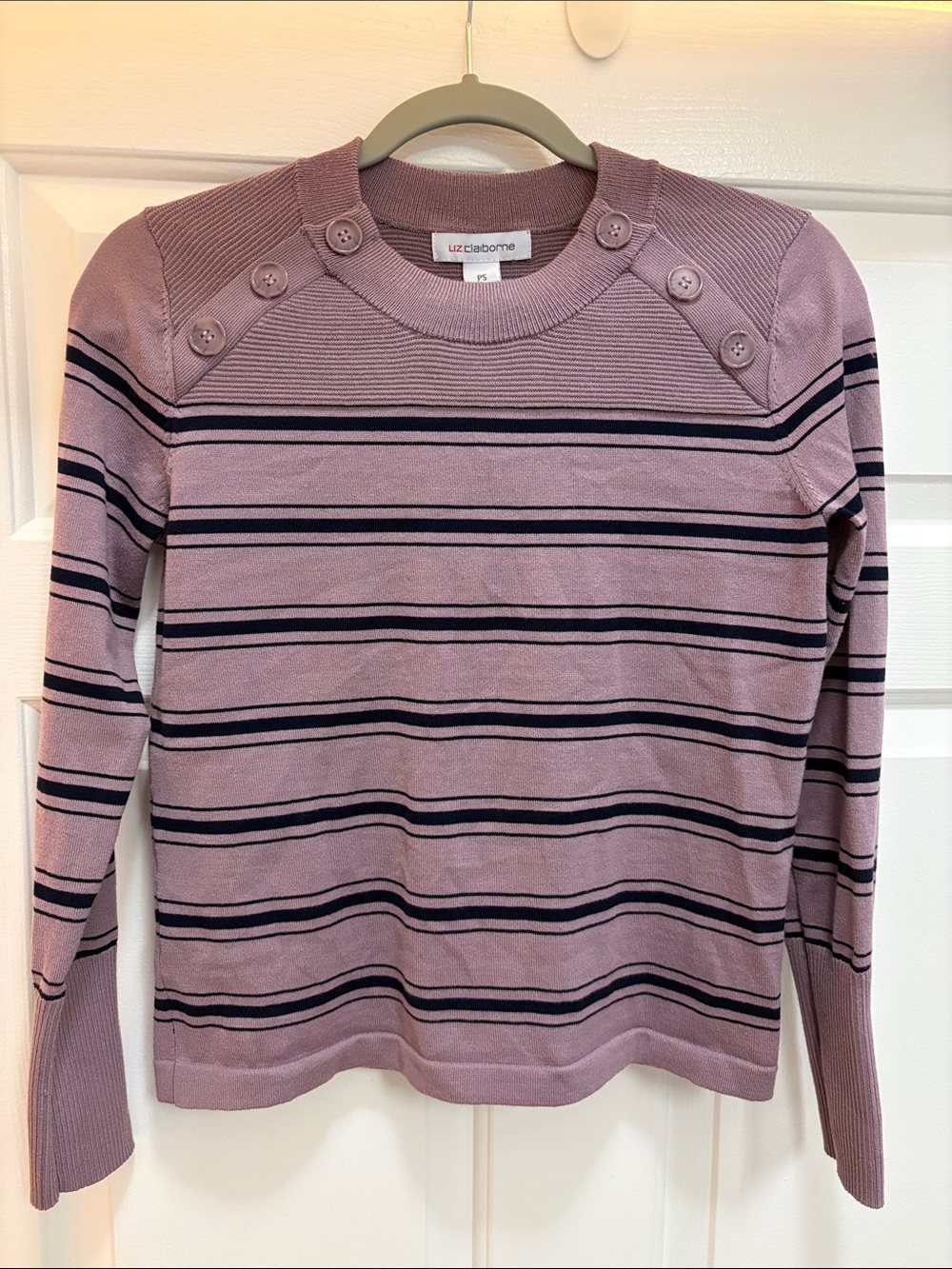 Liz Claiborne Mauve and Navy Striped Button-Shoulder Sweater
